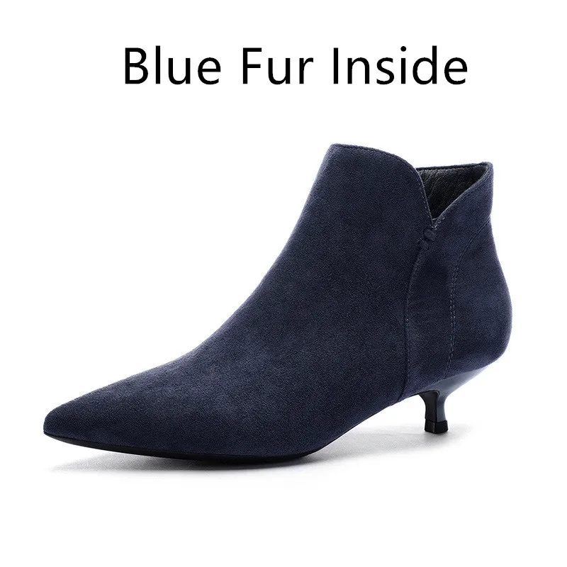 Blue Fur Черные зимние ботинки; коллекция года; женская обувь; женские ботильоны на молнии; ботильоны для женщин из флока на высоком каблуке с острым носком; Mujer - Цвет: Blue Fur