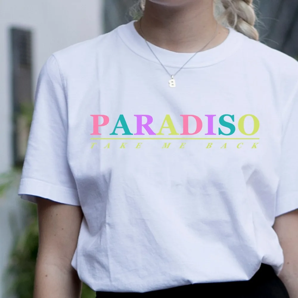 

Girl Summer Casual T-shirt Paradise Printed White Short Sleeves Elegant Style Women T shirt Top&Tees 100% Cotton