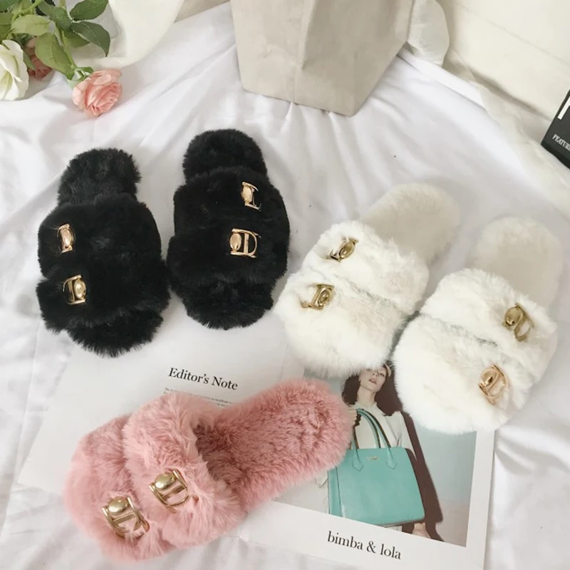 

Winter New Buckle Solid Fur Slippers Sexy Plush Soft Luxurious Indoor Cotton Slippers 2021 Warm Bedroom Home Slippers for Female