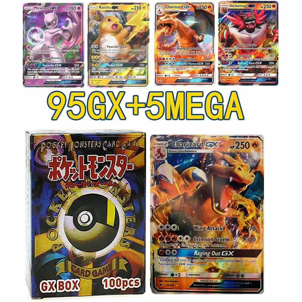 

100Pcs Pokemon 95 GX 5 MEGA EX Shining Card English Version Pokémon Game Battle Collection Booster Card TAKARA TOMY Children Toy
