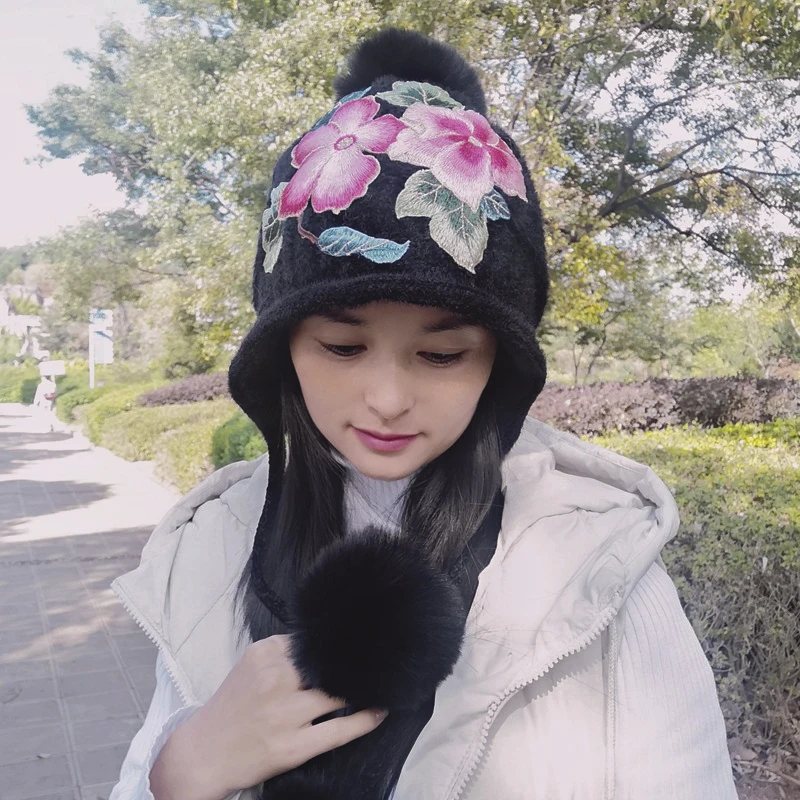 

Women Winter Hats Thick Warm Knitted Beanies Solid Bonnet Furry Balls Chinese National Style Hand Embroidery Pretty Flowers Cap