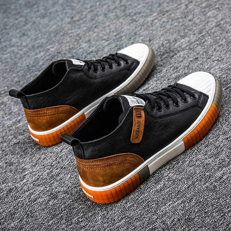 Beli Sepatu Kasual Pria Kulit Kualitas Tinggi Sneakers Uniseks Sepatu Olahraga Pria High Top Sepatu Pelatih Renda Putih Sepatu Bot Pergelangan Kaki