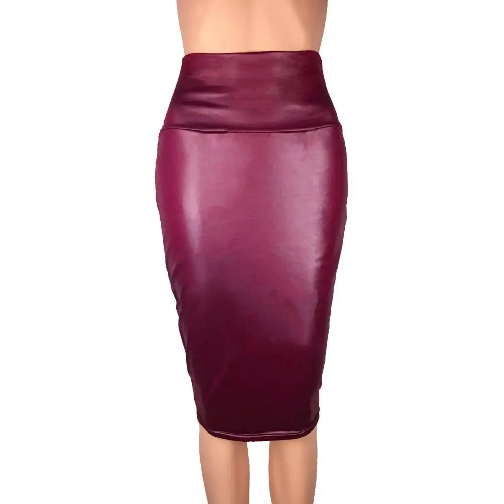 

High Waist Pencil Midi Skirt Solid Color Imitation Leather Sexy Slim A-Line Zipper Closure Women Skirt Charming Club Streetwear
