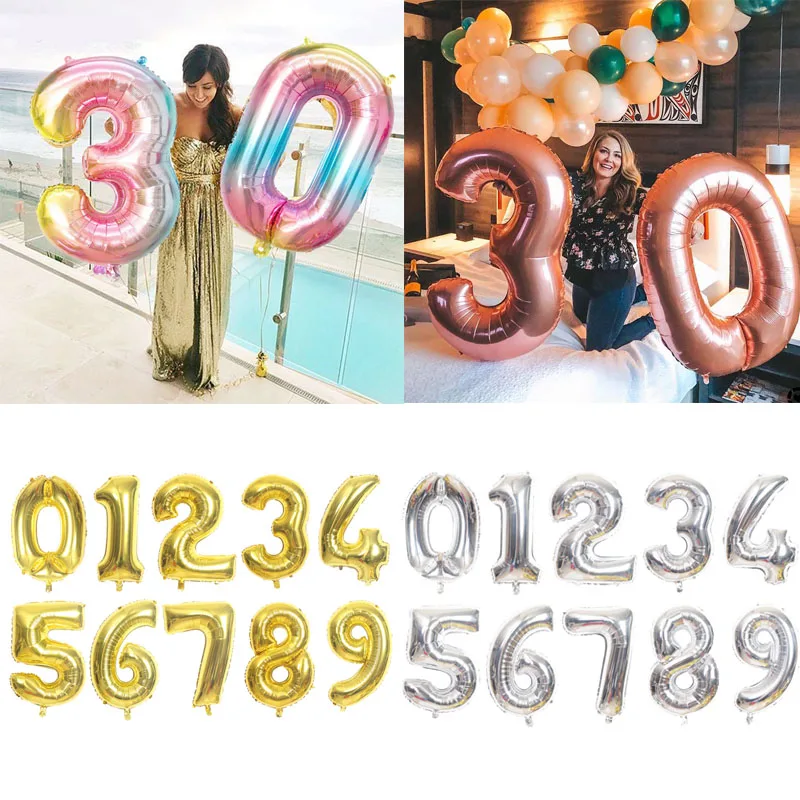 16/32/40 inch Number Foil Balloon Large Rainbow Rose Gold Silver Digital Balloons birthday party decor kids Baby Shower Supplies