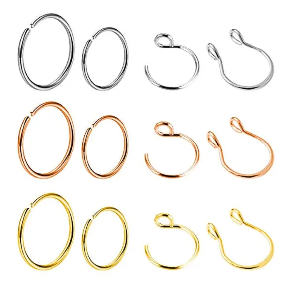 

A Set 12PCS Hinged Septum Nose Ring Lip Ear Cartilage Helix Body Piercing Jewelry Surgical Steel Hip Hop Rock Ear Clip Jewelry