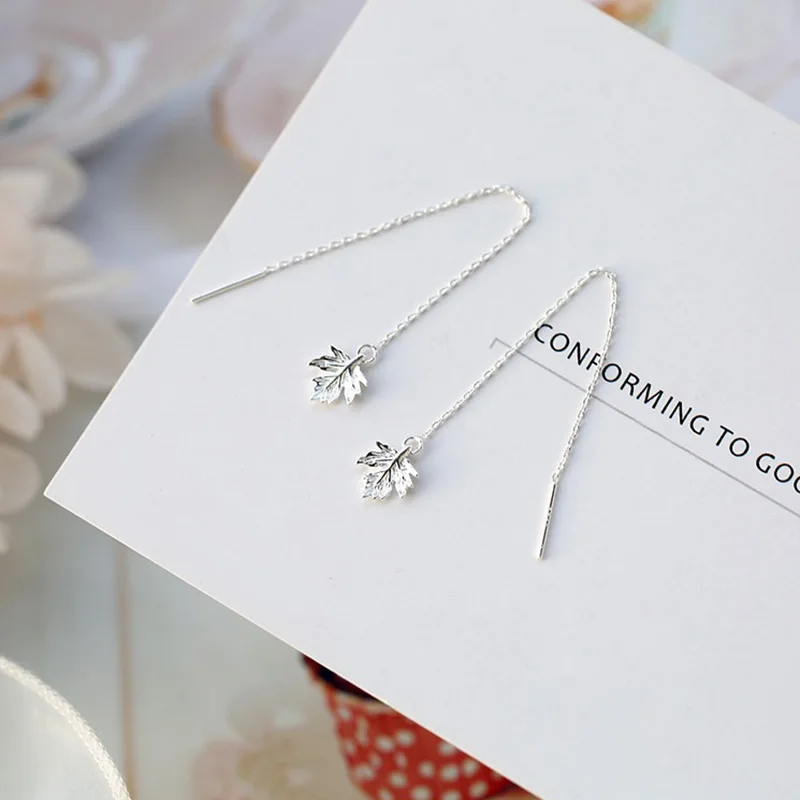 

Exquisite Simple Leaf Fine 925 Sterling Silver Long Earrings Ear Line Women Jewelry Cute Accessories Gift