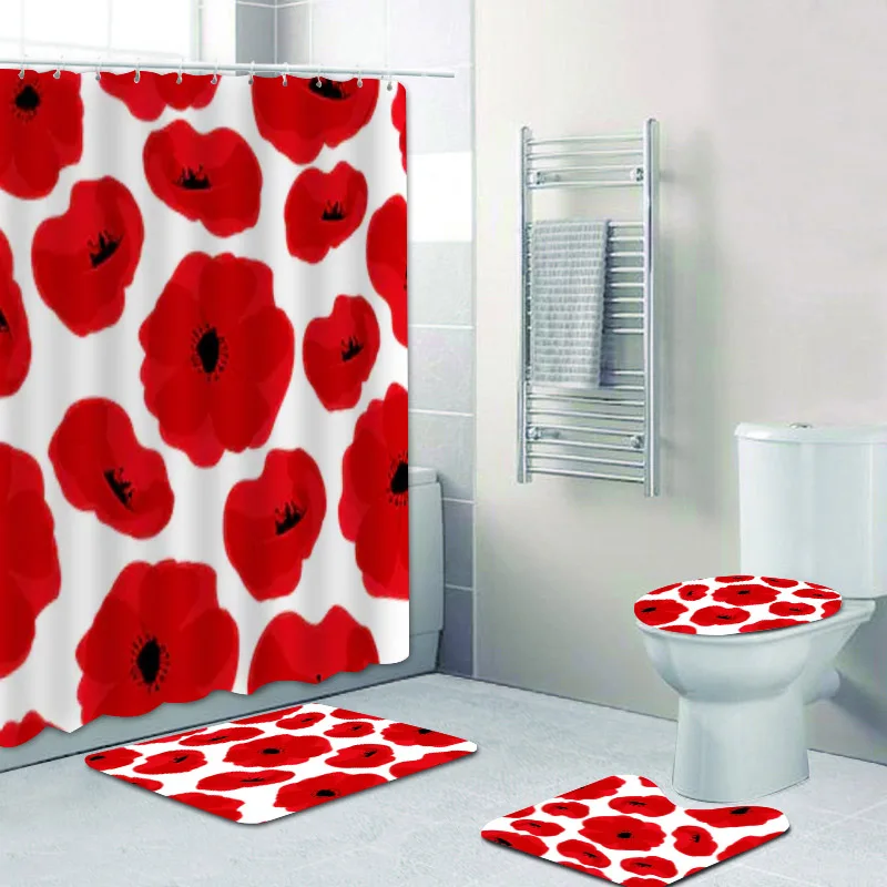 Shabby Chic Yellow Poppy Poppies Shower Curtain Bathroom 3D Red Floral Bath Rug Mat for Toilet Flowers Home Decor | Дом и сад