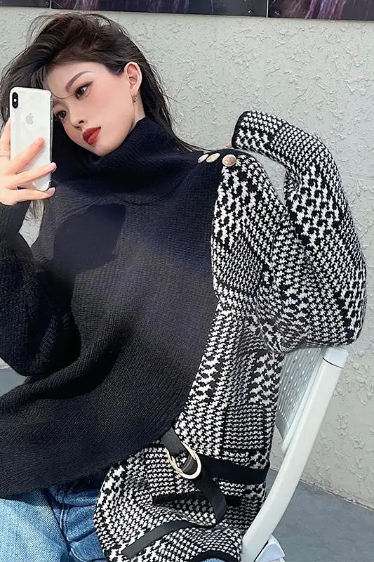 

IEQJ Pullover knitted sweater womens patchwork high street wild full sleeve Turtleneck 2021 new spring autumn fashion tide XA144