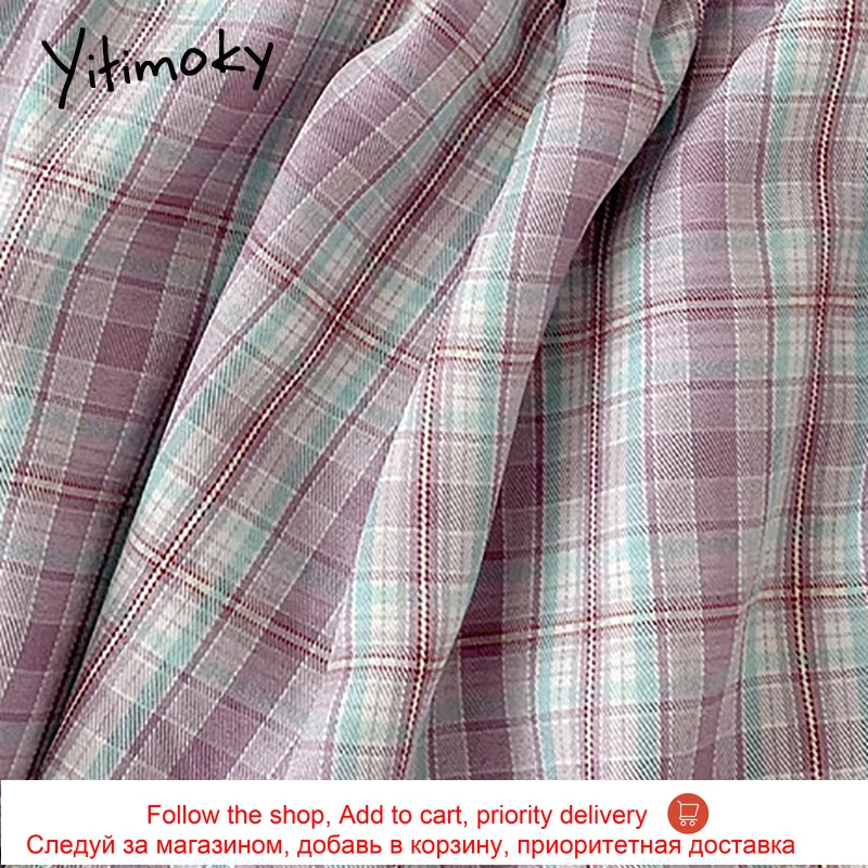 

Yitimoky Plaid Pants for Women High Waist Wide Leg Pants Purple Sweatpants Pockets Elastic Loose Casual Fashion Summer 2021 New
