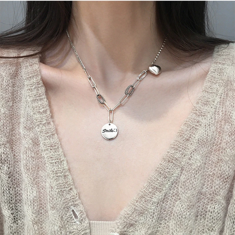 

IHUES 925 стерлингового серебра «любящее сердце» круглый диск тайское серебро ожерелье улыбающееся Длинное колье с подвеской для женщин в стил...