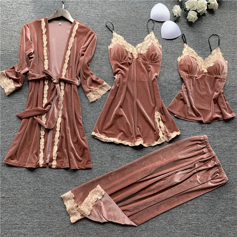 Golden Velvet Keep Warm 4 Pcs Women Robe Set Lace Sexy With Chest Spaghetti Strap Pijama | Женская одежда
