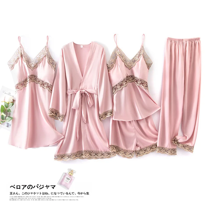 

Sexy Nightie Bathrobe Home Suit Spring Robe Gown 5PCS Pajamas Sleep Set Women Nightwear V-Neck Pink Satin Lace Sleepwear