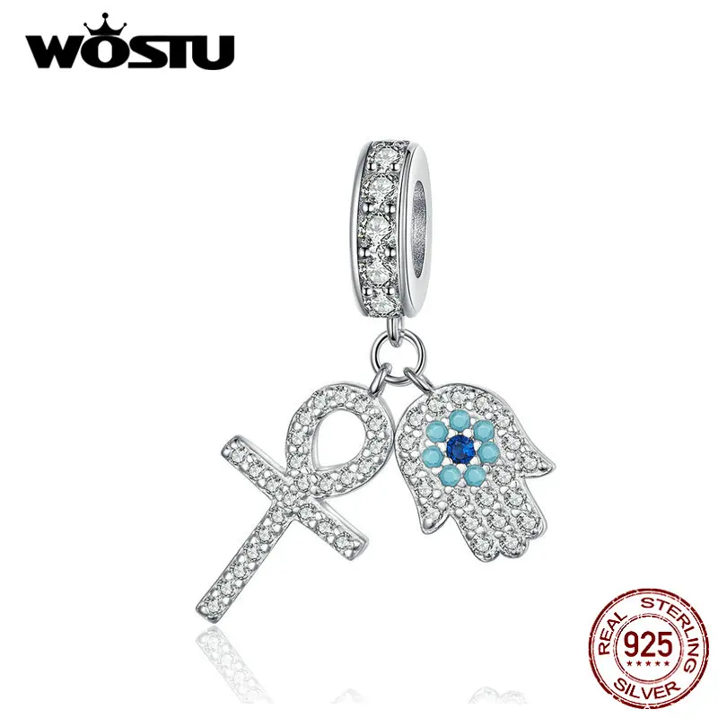 WOSTU Хамса, ручная подвеска, шарм, 925 пробы, серебро, CZ, эмаль, бусины, подходят к оригинальному браслету, подвеска, амулеты для изготовления ювелирных изделий CTC084
