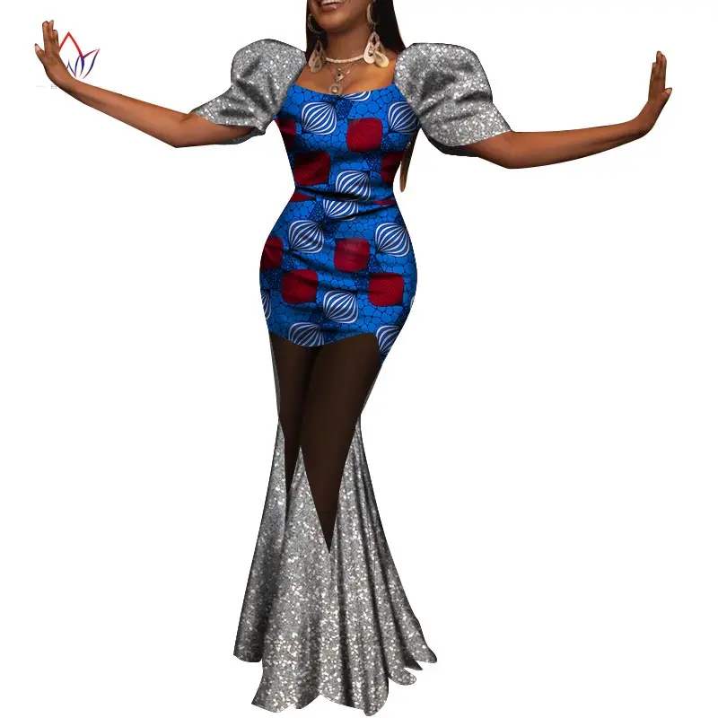 Bintarealwax Mermaid Dresses for Women Bazin Riche Sequined Print Wax Long Dresses Plus Size S-7XL Africa Clothing WY8869