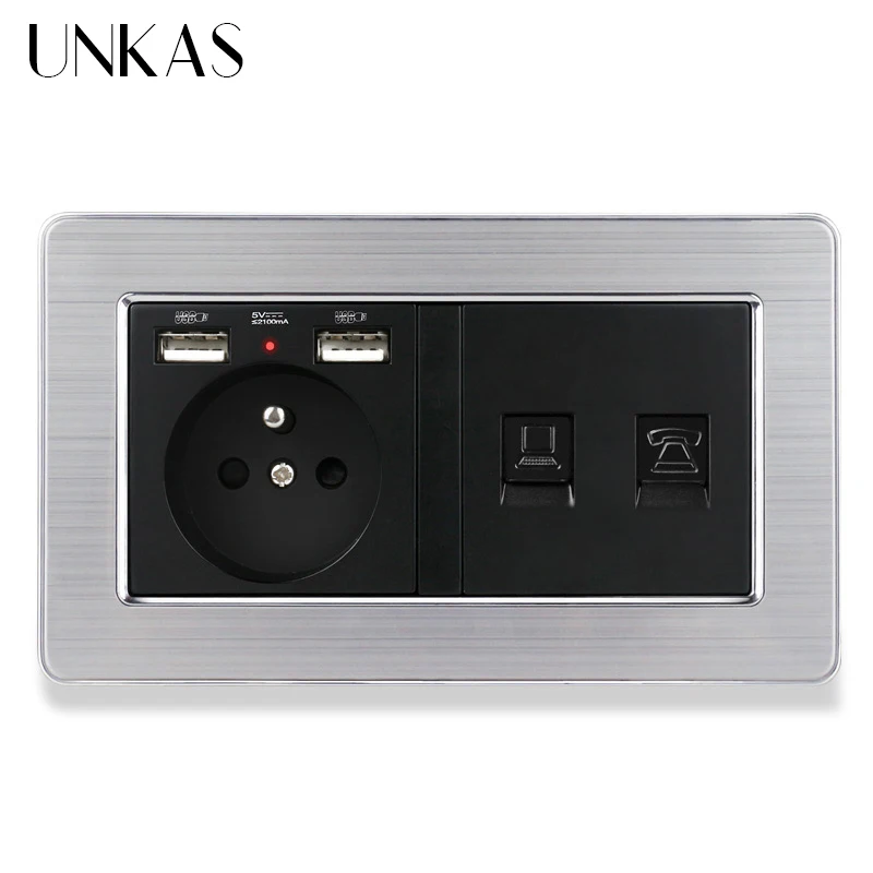 Французская стандартная розетка UNKAS с панелью из нержавеющей стали 2 USB-портами +