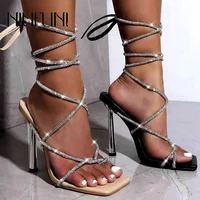 niufuni size 42 square toe rhinestone cross ankle straps women sandals high heels stiletto party shoes for women sandales femmes