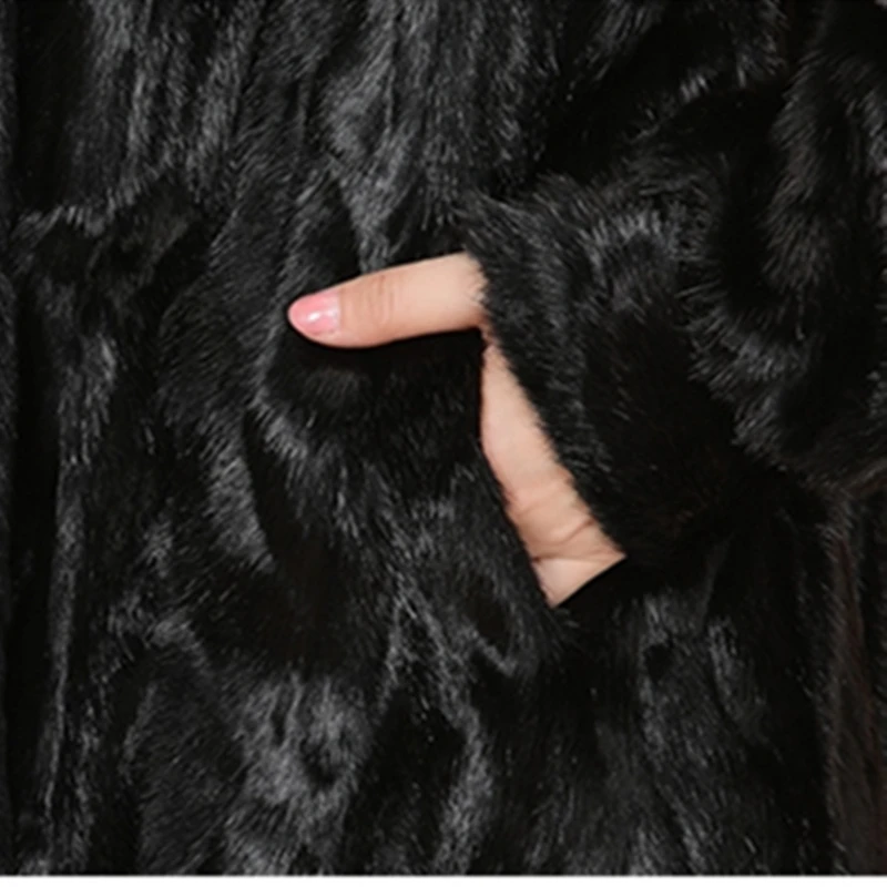 

Mink fur slim-fit over-knee fur mink warm coat with hood and full mink long fur coat female Single Button Genuine Leather