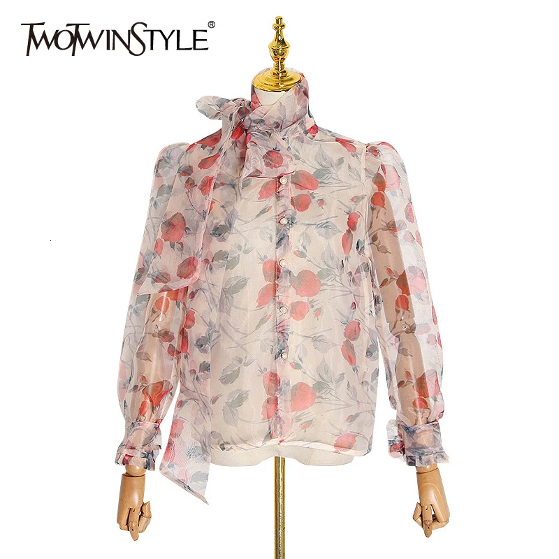 TWOTWINSTYLE повседневные женские блузки с принтом воротником фонариком и длинным
