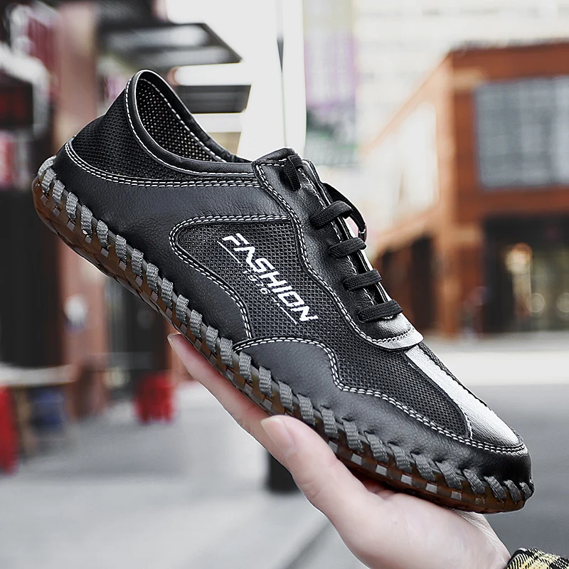 

Men's Casual Shoes Comfortable Fashion Sports Shoes Breathable Running Shoes Big Size Mesh Split Leather Loafers Flat Shoes