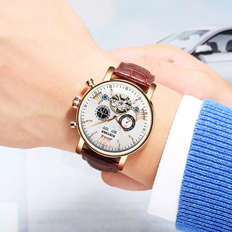 KINYUED Men Watch Automatic Skeleton Mechanical Watches Man Flying Tourbillon Self-Wind Clock Waterpoof Wristwwatch Reloj Hombre | Наручные