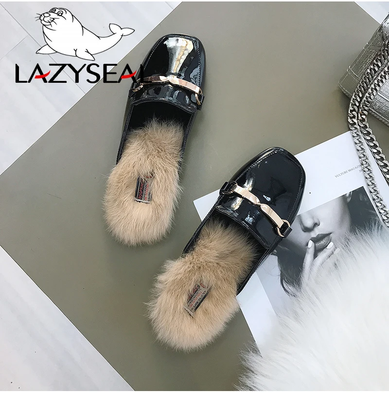 LazySeal туфли без задника с натуральным мехом; женские тапочки с квадратным носом; женские Вьетнамки; женские пушистые шлепанцы; Pantuflas Mujer