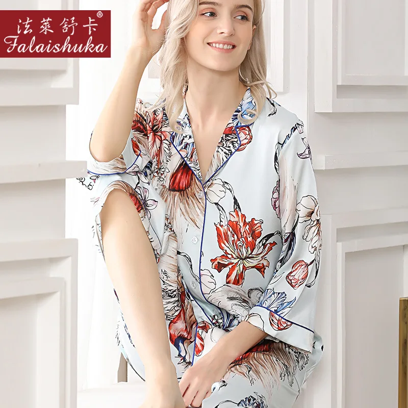 Elegant fresh flower 100% natural silk pajamas sets women sleepwear short sleeves+cropped trousers pure silk womens pyjamas