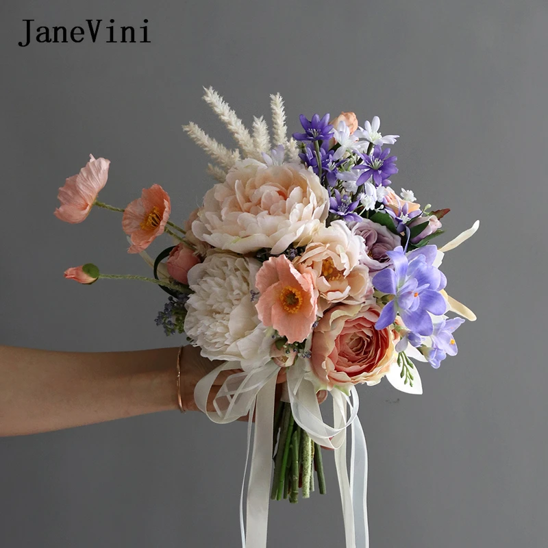 

JaneVini Elegant Champagne Purple Bridal Bouquets Artificial Silk Roses Bride Holding Flowers Ribbon Wedding Bouquet Accessories