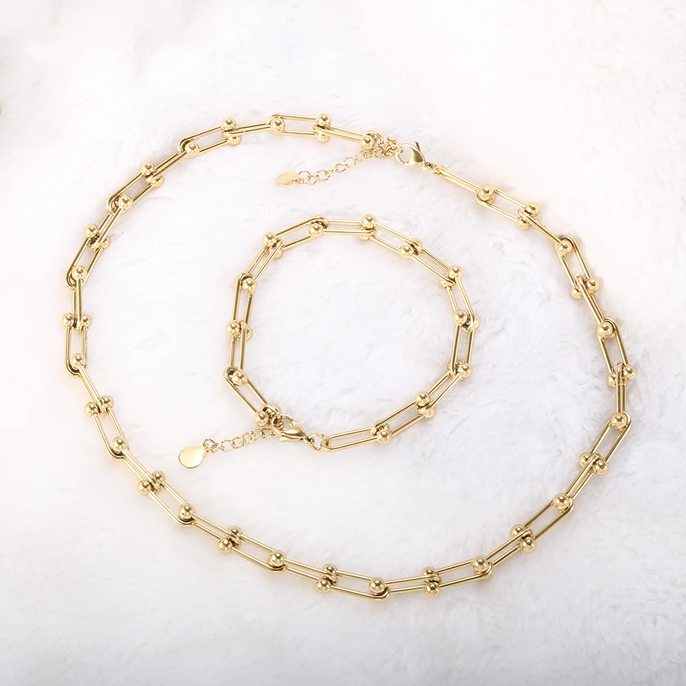 

ZMFashion Minimalism U-shape Lock Chain Bracelet Choker Necklace For Women Men Stainless Steel Jewelry Set Aesthetic Accessories