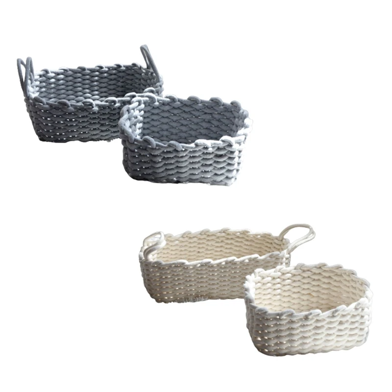 

2Pcs Desktop Woven Cotton Rope Storage Basket Simple Snacks Cosmetic Box Blanket Laundry Toy Storage Basket