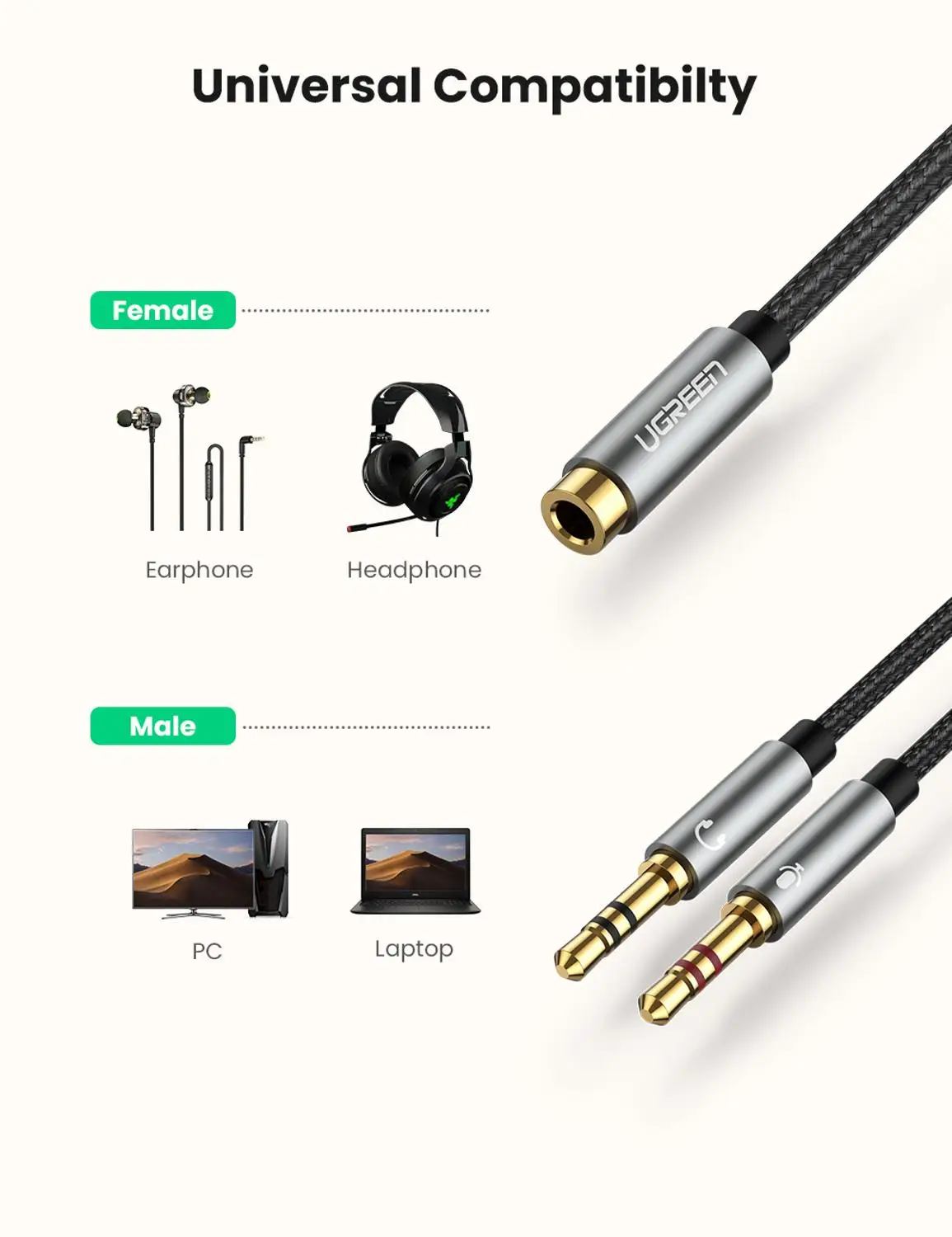 UGREEN Headphone Splitter for Computer 3.5mm Female to 2 Dual 3.5mm Male Mic AUX Audio Y Splitter Cable Headset to PC Adapter image 2