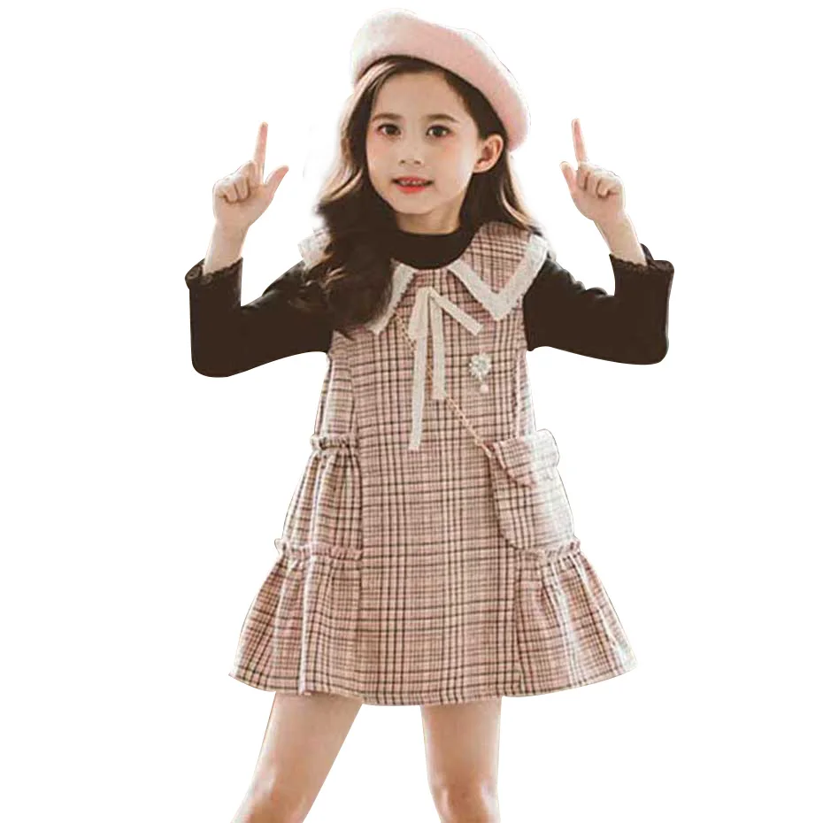Весенняя детская одежда кружевная футболка + клетчатое платье комплект из 2