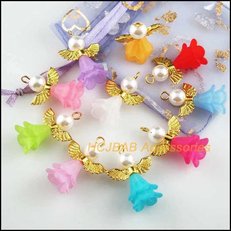 10 Новый прекрасный амулеты ангелы Смешанные акриловые золото Цвет кулоны крылья