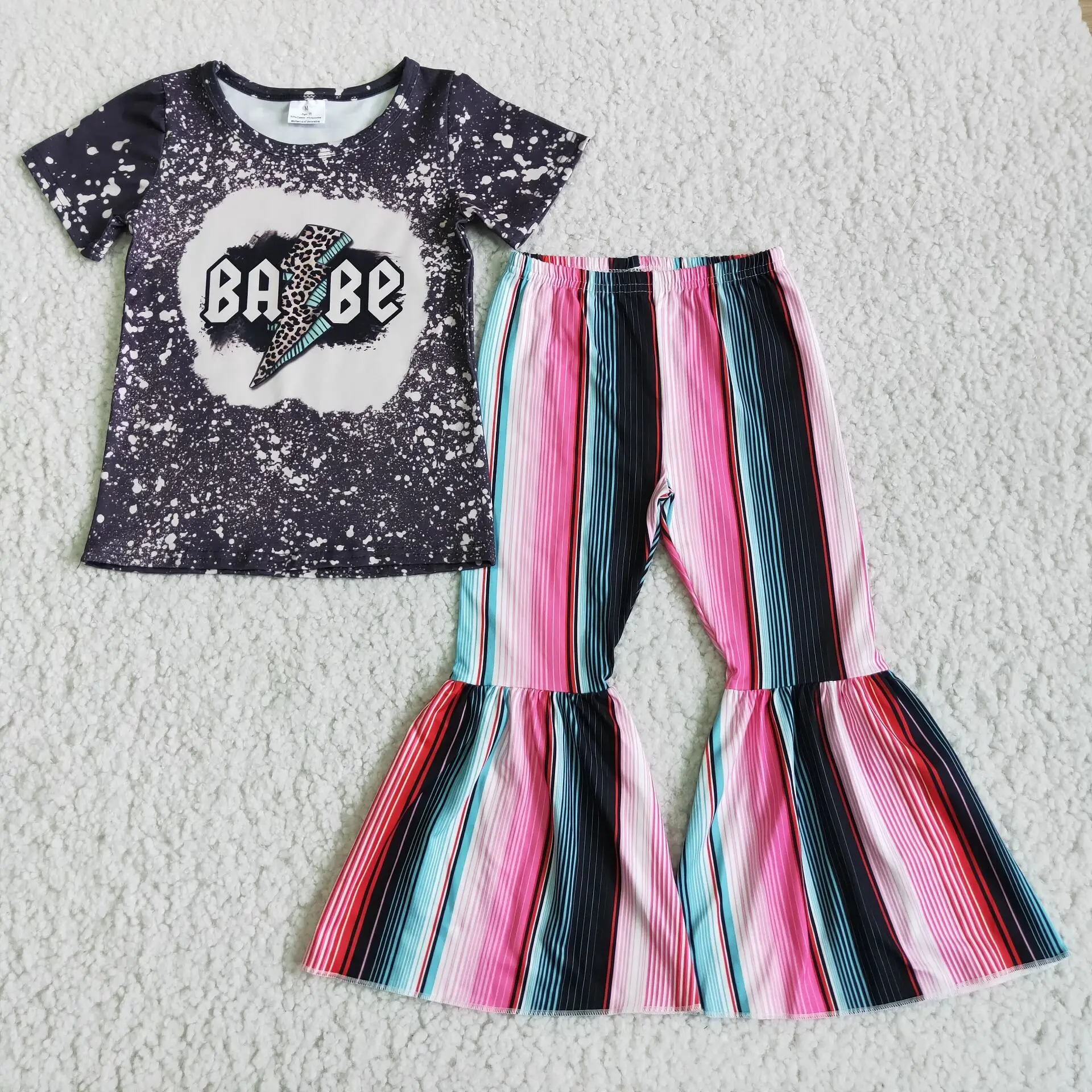 Babe girls fall outfit new design bleached T-shirt with colorful stripes bell bottom fashion hot sale 2-piece set