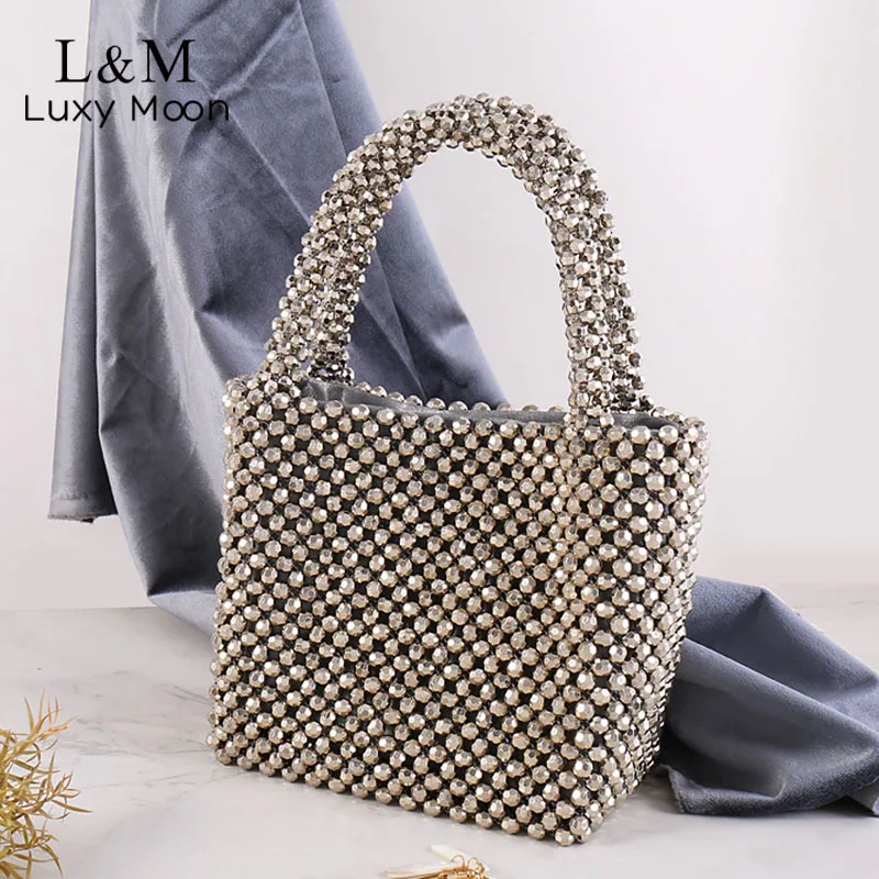 Женская вечерняя сумочка серебристого цвета Стразы Бисер Роскошные женские