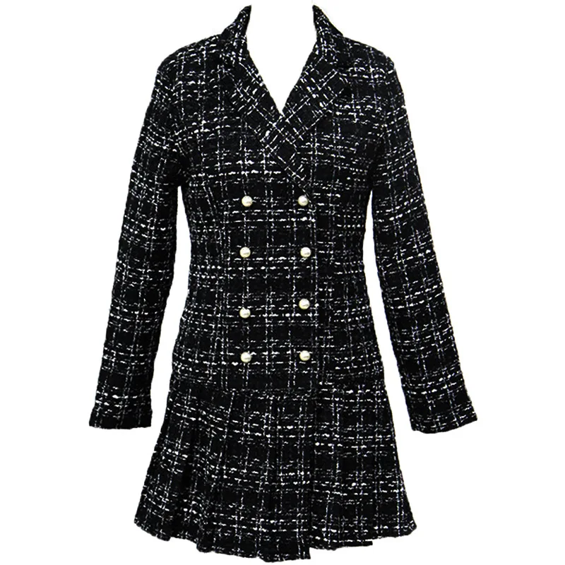 Сезон весна осень Черный шерстяной плед твидовый жакет для женщин двубортное