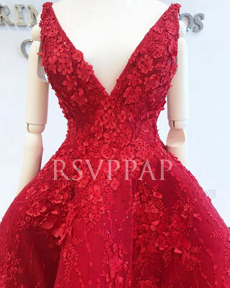 

Luxury Dubai Short Front Long Back Beaded Lace V-neck Arabic Red Women Evening Dresses Gowns 2020