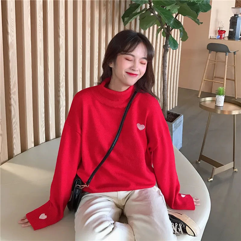 Autumn Winter Korean Sweet Turtleneck Sweaters Women Fashion Cute Love Heart Embroidery Loose Jumper Female All Match Knit Tops | Женская