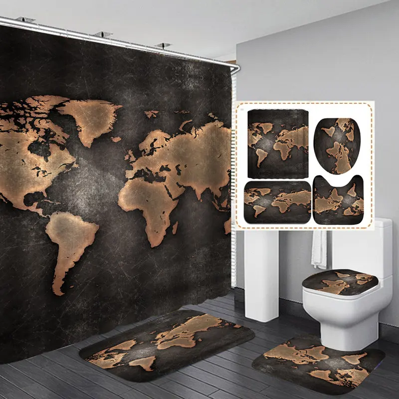 

Vintage Map Flannel Bath Mat Toilet Cover Rugs Fabric Shower Curtain With 12 Hooks Home Bathroom Decor Set