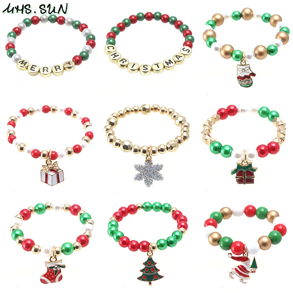 MHS.SUN 3pcs cute kids girls charms bracelets christmas style beads elastic bangles diy jewelry for children gift - купить по