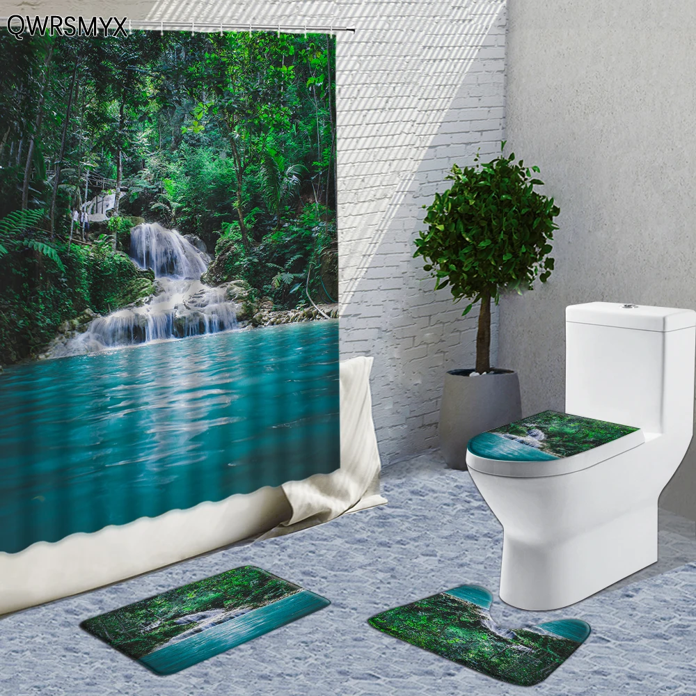 

Green Forest Waterfall Landscape Shower Curtains 4 Sets Hooks Natural Scenery Home Bathroom Luxury Decor Curtain Bath Mats Rugs