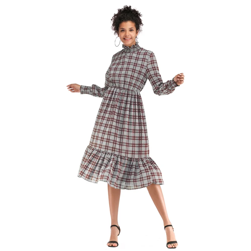 

Summer Autumn Long Women Chiffon Dress Plaid Prints Long Sleeve Dresses Turtleneck Mid-Calf Ruffles Patchwork Loose Clothing