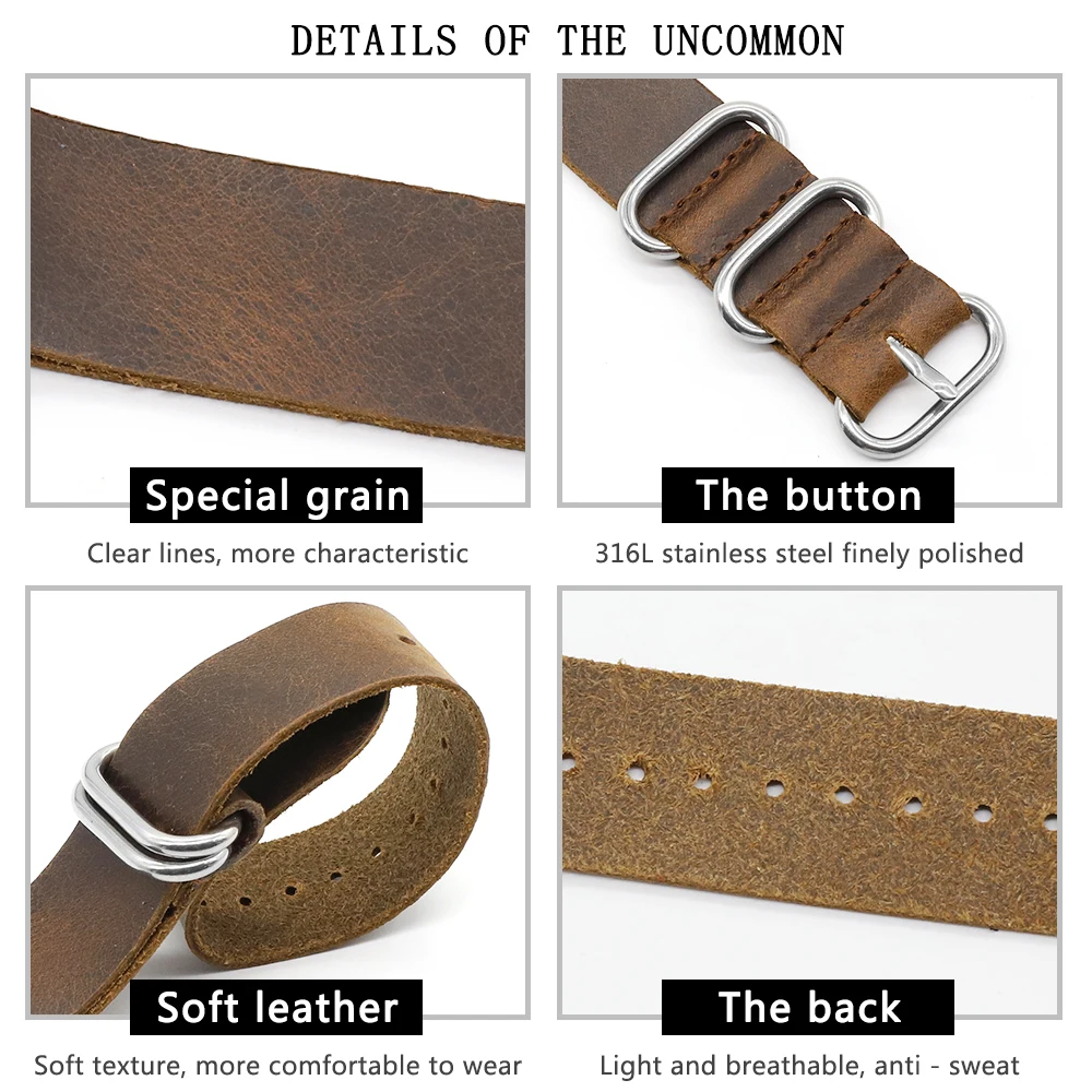 New Design High Quality Cow Leather Nato Strap 18mm 20mm 22mm 24mm Black Green Zulu Strap Handmade Comfortable Replace Watchband