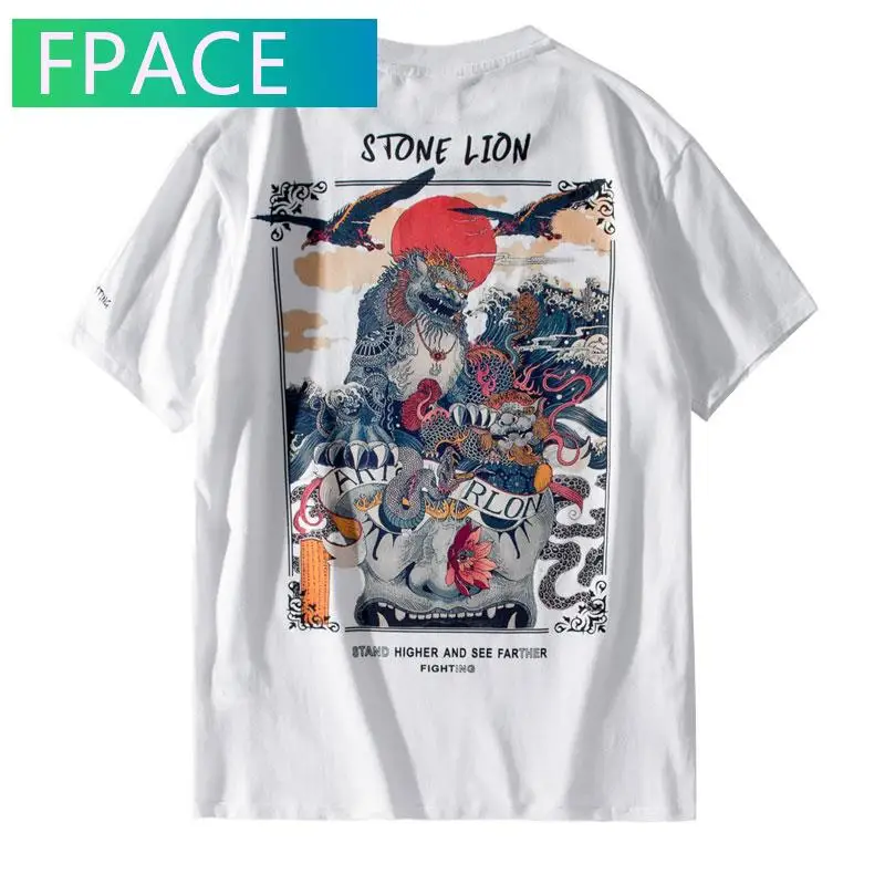 

FPACE Chinese Stone Lion Printed Streetwear T Shirts 2020 Mens Harajuku Hip Hop Casual Street Tees Male Cotton Tshirts Tops