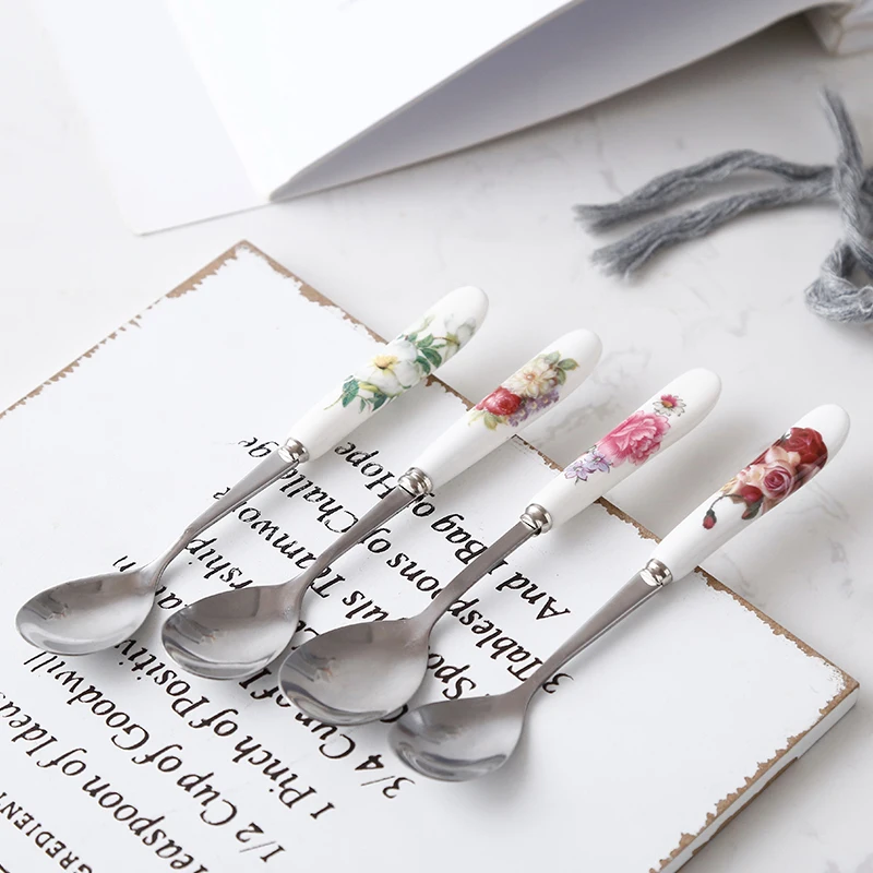 6 шт./лот Европейская кофейная ложка из костяного фарфора нержавеющей стали набор