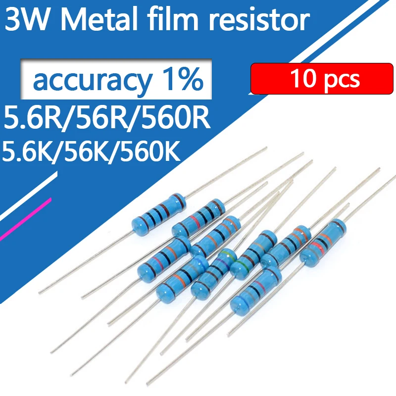 

Металлический пленочный Резистор 3 Вт, 10 шт., пятицветное кольцо 5.6R 56R 560R 5,6 K 56K 560K 5R6 56 560 Ом R K Точность 1% сопротивление 0.1R-910K