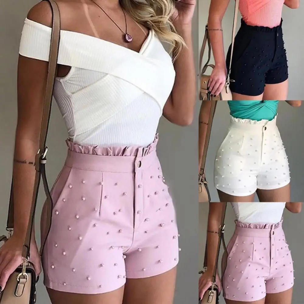 

Women Stylish Solid Color High-Waist Button Ruffled Beaded Summer Short Pants