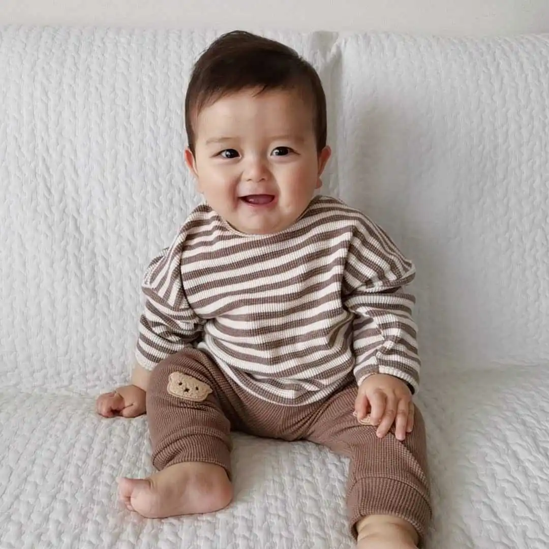 

2022 Autumn New Baby Boy Long Sleeve T Shirt Fashion Waffle Cotton Tops Casual Kids Striped Shirts Infant Pullover Clothes