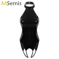 women erotic open crotch latex catsuit hot halter high cut body suit nightclub backless crotchless wet look pvc leather bodysuit