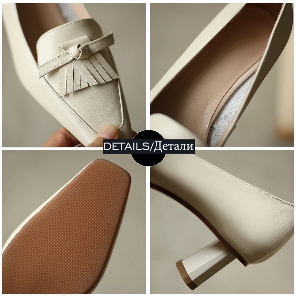 

ISNOM Genuine Leather Pumps Women Shoes Tassel Decor Thick Med Heels Square Toe Slip On Shallow Spring Autumn Shoes Ladies 2021