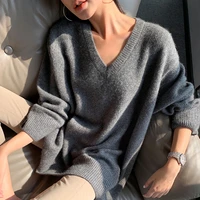 autumn spring ladies mid length knitted sweater sexy v neck simple top korean irregular hem casual wool sweater loose large size